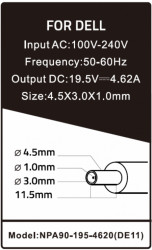 NPA90-195-4620 (DE11) ** Gembird punjac za laptop 90W-19.5V-4.62A, 4.5x3.0mm Black PIN (1098) - Img 1