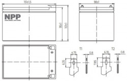 NPP NP12V-12Ah, AGM BATTERY, C20=12AH, T2, 151x98x95x100, 3,3KG, BLACK - Img 2