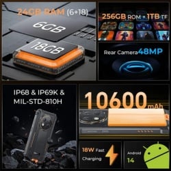 Oukitel G1 Rugged Smartphone/6+18GB/256GB/10600mAh/Android14/black-orange 160491-6