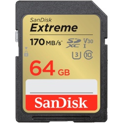 SanDisk Extreme 64GB SDXC Memory Card + 1 year RescuePRO Deluxe up to 170MB/s & 80MB/s Read/Write speeds, UHS-I, Class 10, U3, V30 ( SDSDXV