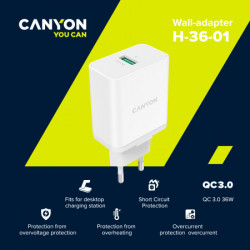 Canyon, QC3.0 36W WALL charger with 1-USB A QC3.0 36W white ( CNE-CHA36W01 )  - Img 2