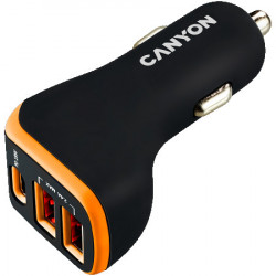 Canyon universal 3xUSB car adapterType-C PD 18W Black+Orange with rubber coating ( CNE-CCA08BO ) - Img 1