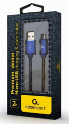 Gembird premium jeans (denim) Micro-USB cable with metal connectors, 2 m, blue CC-USB2J-AMmBM-2M-BL - Img 2