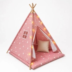 Kinder home Dečiji pamučni šator little stars, roze sa zvezdama, 100% pamuk, sa mekom podlogom za punjenje, jastukom i led svetlima ( JW-