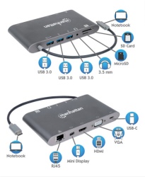 Manhattan 152808 7in1 USB-C - HDMI/VGA/mDP/3xUSB/LAN/CR/PD 60W Docking station -3