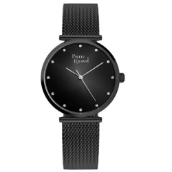 Pierre ricaud ženski quartz swarovski point crni elegantni ručni sat sa crnim pancir kaišem ( p22035.b144q )