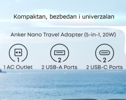 Anker Nano 20W putni zidni punjač 5-portova (2x USB-A, 2x USB-C, utičnica EU na US, UK, AU i EU), crni