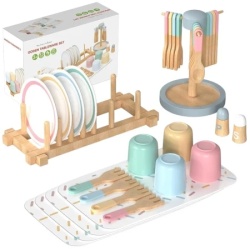 Kinder Home Dečiji drveni trpezarijski set od 33 dela – set za igru uloga sa tanjirima, šoljama, priborom za jelo i postoljem ( HL007 )