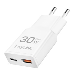 Logilink punjač 2 porta, 1 x USB type c, 1 x USB A, 30W, GaN, slim, bela ( 6471 )