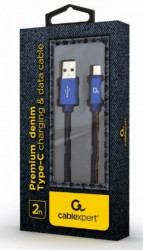 CC-USB2J-AMCM-2M-BL Gembird Premium jeans (denim) Type-C USB cable with metal connectors, 2 m, blue - Img 1