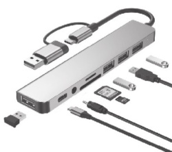 Gembird A-CM-COMBO8-06  USB +USB-C multi-port 8-in-1 USB3.0+USB2.0+SD+3.5mm+Data-4