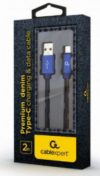 Gembird premium jeans (denim) Type-C USB cable with metal connectors, 2 m, blue CC-USB2J-AMCM-2M-BL - Img 1