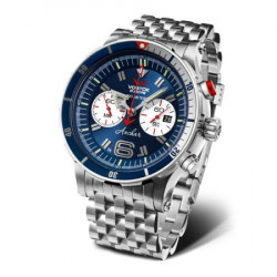 Vostok europe muški anchar chronograph plavi srebrni sportsko elegantni ručni sat sa srebrnim metalnim kaišem ( 6s21/510a583n )