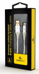 CC-USB2B-AMLM-2M-BW2 Gembird Premium cotton braided 8-pin charging and data cable, 2m, silver/white - Img 2