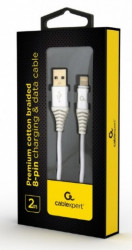 Gembird premium cotton braided 8-pin charging and data cable, 2m, silver/white CC-USB2B-AMLM-2M-BW2 - Img 2