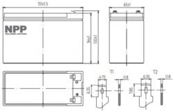 NPP NP12V-7.5Ah, AGM BATTERY, C20=7.5AH, T1, 151x65x94x100, 2,07KG, BLACK - Img 2