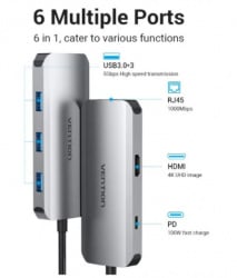 Vention tohhb usb-c hdmi/3xusb 3.0/pd 100w/rj45 docking station  - Img 2