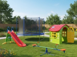 Dečiji komplet za dvorište ( Playground 11 ) Trambolina 305 + Kućica + Tobogan + Klackalica