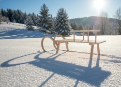 Drvene sanke sa naslonom i metalnim šinama