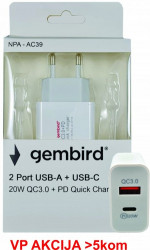 Gembird NPA-AC39 QC3.0 brzi punjac + type C,20W 3.6-6.5V/3A, 6.5V-9V/2A, 9V-12V/1.5A (735) - Img 2