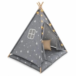 Kinder home Dečiji pamučni šator little stars, sivi sa zvezdama, 100% pamuk, sa mekom podlogom za punjenjem, jastukom i led svetlima ( JW