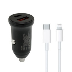 Auto punjac 30w usb-a + type-c ulaz sa type-c na lightning kablom sivi ( A721 )