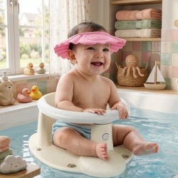 Set za kupanje bebe – Dolu sedište bež + Canpol štitnik roze