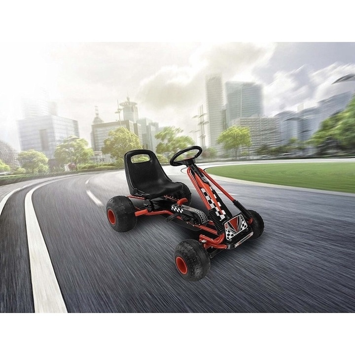 Kart cu Pedale pentru Copii Racer Air, Scaun Reglabil 2 Pozitii, Frana pe Rotile din Spate, Schimbator cu Functie Free Wheel, Negru-Rosu - 3 | YEO