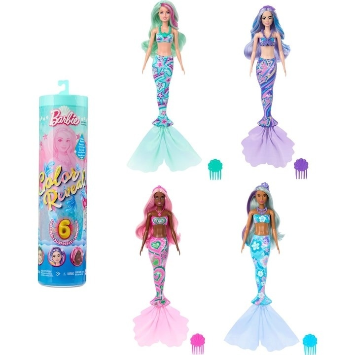 Papusa Barbie, Color Reveal Sea Mermaids Mix Hrk12, surpriza, 4 variante, 30 cm - 1 | YEO