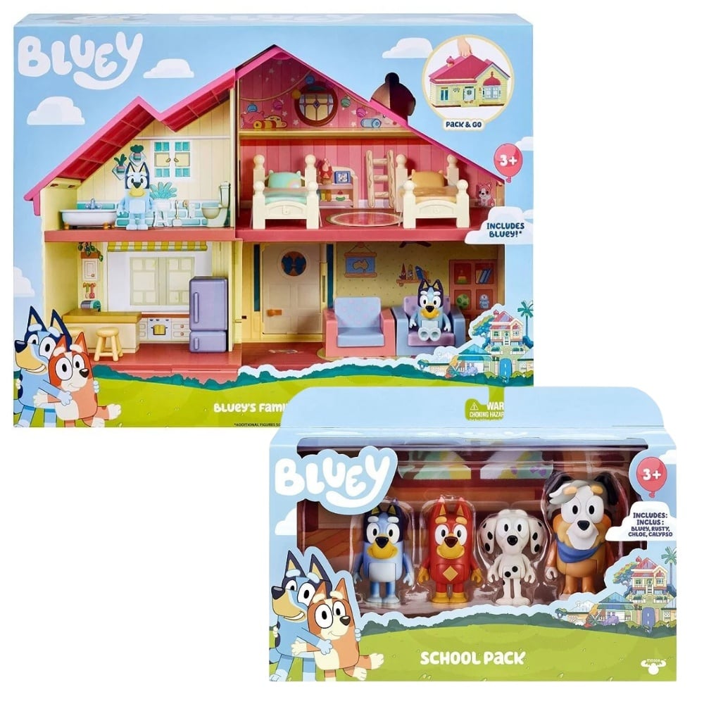 Pachet - Set de joaca Bluey - Casa familiei, cu figurina inclusa + Set 4 figurine Bluey - Bluey la scoala