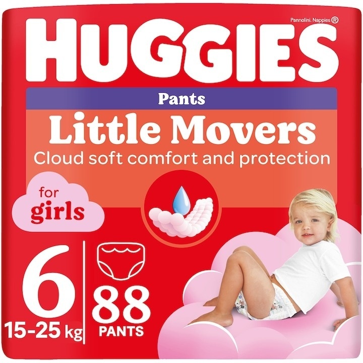 Scutece chilotel Huggies Little Movers 6, Girl, 15-30 kg, 88 buc