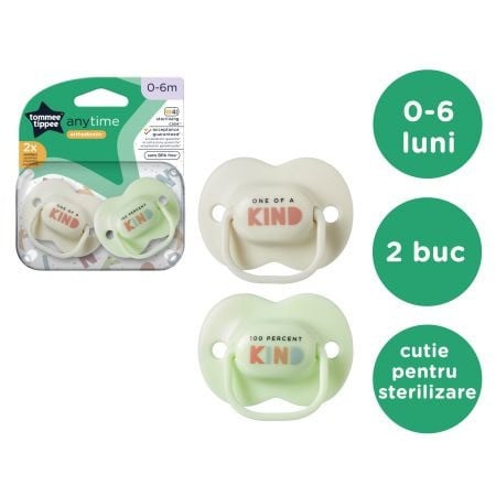 Set 2 Suzete ortodontice Tommee Tippee Anytime, 0-6 luni, Gri/Verde, cutie sterilizare - 1 | YEO