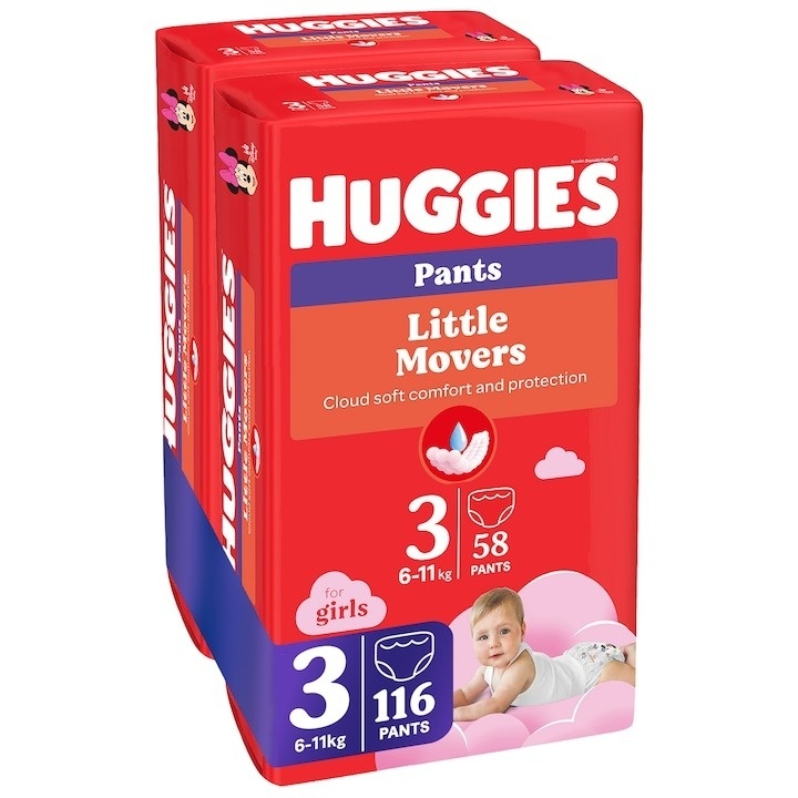 Scutece chilotel Huggies Little Movers 3, Girl, 6-11 kg, 116 buc - 1 | YEO