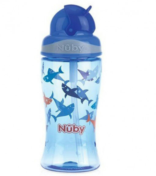 Pahar din tritan cu pai Nuby, 360 ml, Rechini, Albastru, 3 ani