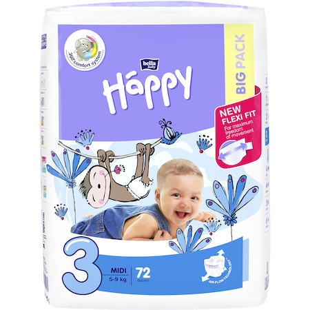 Scutece Happy Midi 3, 5-9 kg Big Pack, 72 buc