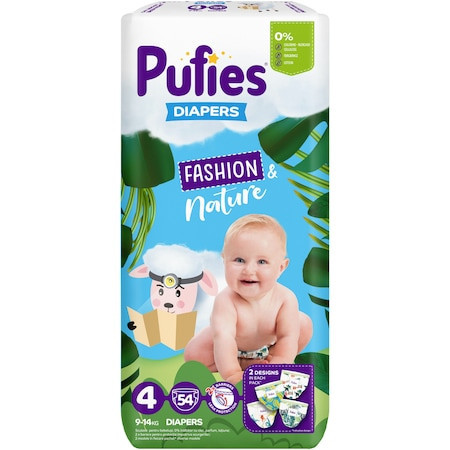Scutece Pufies Fashion & Nature, Maxi Pack, 4 Maxi, 9-14 kg, 54 buc