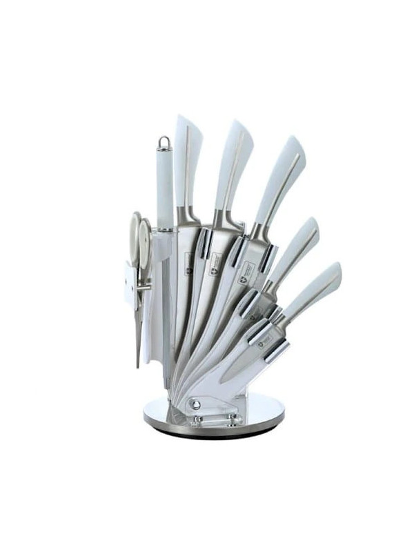 Set de 5 cutite cu ascutitor, foarfeca si suport vertical, Royalty Line, RL- KSS750, otel inox, manere albe