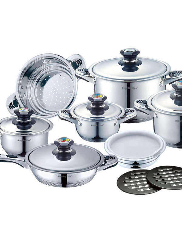 Set de oale si tigaie 16 piese, Royalty Line, RL-16B, Inox, Argintiu, baza din 9 straturi,inductie,gaz,electric
