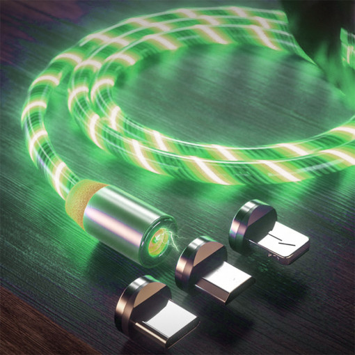 Cablu de Incarcare Magnetic USB la Type-C, Micro-USB, Lightning 1m - Techsuit LED Flowing - Green