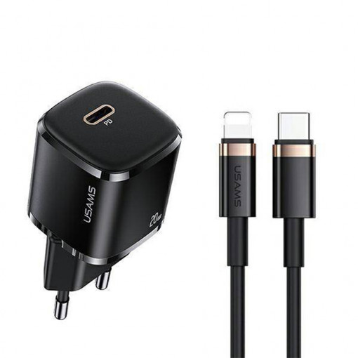 Incarcator Priza 1xUSB-C PD 20W + Cablu Lightning 1.2m - USAMS (XFKXLOGTL01) - Black