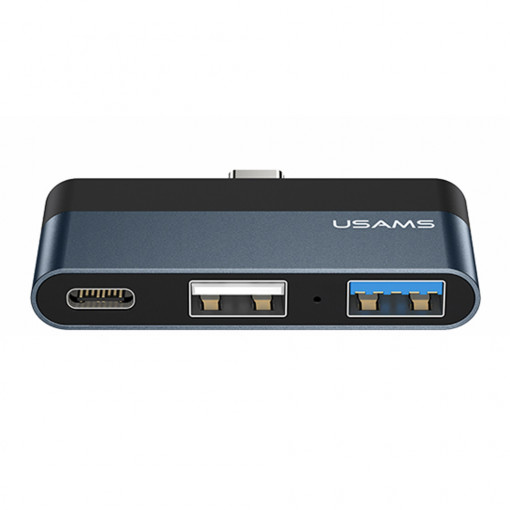 Hub Type-C la 2xUSB, Type-C 60W - USAMS mini (US-SJ490) - Dark Gray