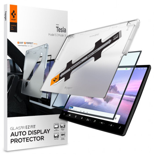 Folie pentru Display Auto Tesla Model X 2022 / Model S 2021 - Spigen Glas.TR EZ-FIT- Black