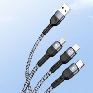 Cablu de Date 3 in 1, USB la Type-C, Lightning, Micro-USB, 1.3m - Duzzona (A3) - Grey - Img 2
