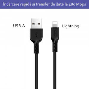 Cablu de Date USB-A la Lightning 10W, 2.4A, 1m - Hoco Flash (X20) - Black - Img 2