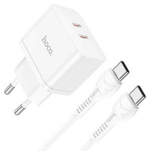 Incarcator Priza 2x Type-C, 35W + Cablu Type-C la Type-C - Hoco Triumph (N29) - White - Img 1