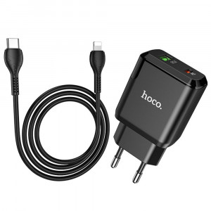 Incarcator Priza USB-A, Type-C, Q.C 3.0, PD 20W, 3A + Cablu Lightning - Hoco (N5 Favor) - Black - Img 4