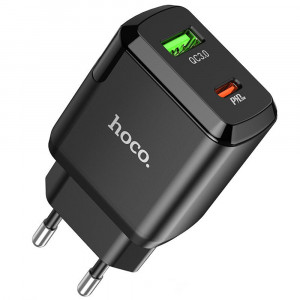 Incarcator Priza USB-A, Type-C, Q.C 3.0, PD 20W, 3A + Cablu Type-C - Hoco Favor (N5) - Black - Img 2