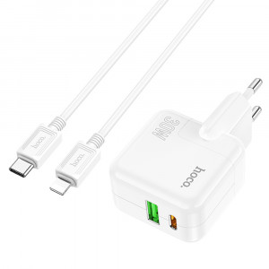 Incarcator Priza USB, Type-C 30W + Cablu Type-C la Lightning - Hoco Lucky (C111A) - White - Img 2