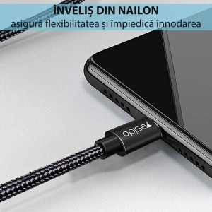 Cablu de Date USB Type-C, 2.4A, 1.2m - Yesido (CA57) - Black - Img 3