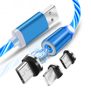 Cablu de Incarcare Magnetic USB la Type-C, Micro-USB, Lightning 1m - Techsuit LED Flowing - Blue - Img 3